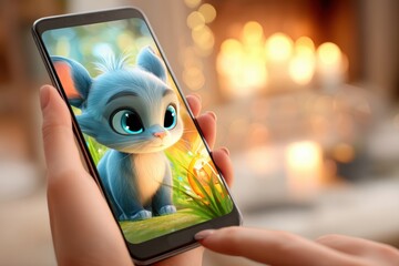 Leinwandbilder - Virtual Pet App Showcases a Lively Animated Creature Interacting Within a Smartphone, Providing an Engaging Digital Experience