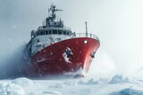 Red ship navigates through icy waters amid heavy snowfall, showcasing resilience and challenging sea conditions.