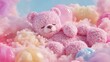 © Raja - Dreamy teddy bear resting on pastel clouds soft plush animal toy in whimsical fantasy still life
