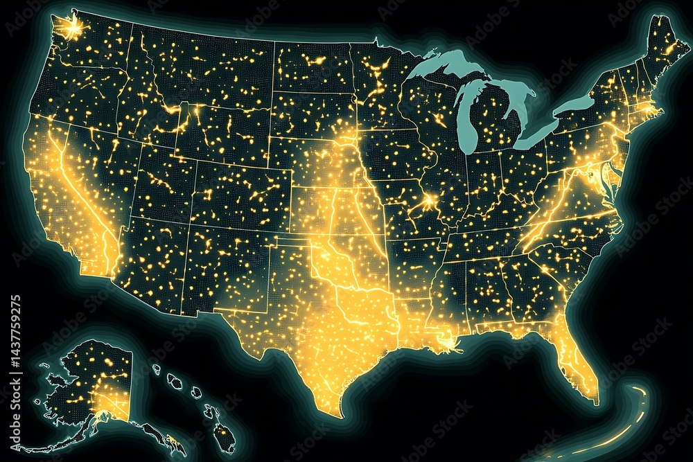 Illuminated US map showcasing population density Stock Illustration