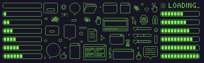 Wall Mural - pixel art retro windows interface. 8 bit text boxes with loading, cursors, arrow. green stroke conso
