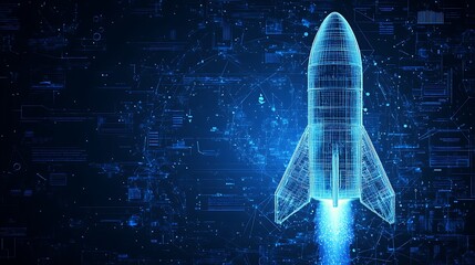 Rocketship launching from digital grid. Faint code in background