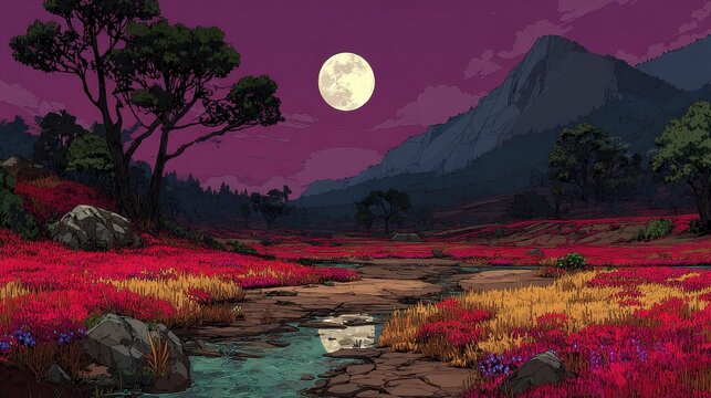 Lush pixel valley dreamland with vibrant flora rivers and dreamy hills nostalgic and colorful tone
