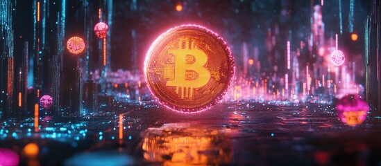 Glowing Bitcoin in futuristic city.