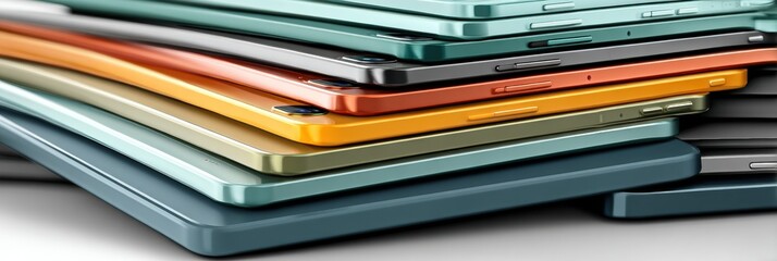 Leinwandbilder - Stack of Smartphones Showcasing Diverse Colors and Angles on Display in a Modern Showroom Setting