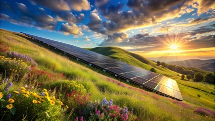Serene Sunset Over Hillside Solar Panel Array with Vibrant Wildflowers