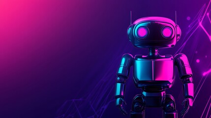 Chrome robot in glowing magenta and blue light