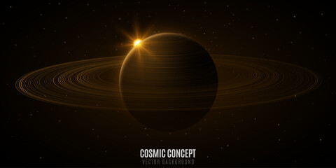 Wall Mural - galaxy science fiction background. planet saturn with ring around and glowing sun. abstract deep cos