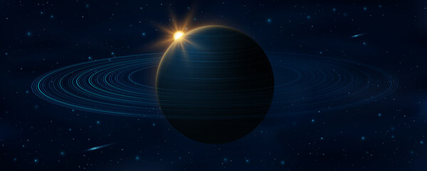 Wall Mural - cosmic science background. abstract blue planet saturn with ring around and glowing sun. deep cosmos