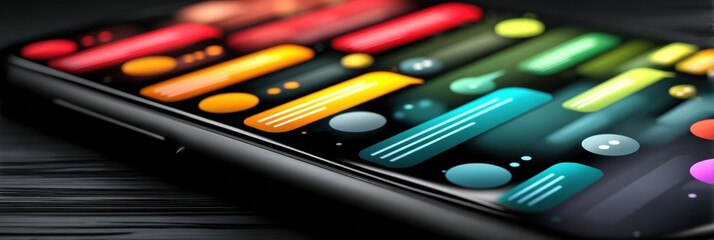 Fototapete - Smartphone Displaying Vibrant Chat User Interface Showcasing Diverse Message Bubbles in an Indoor Setting