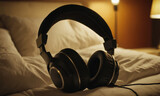 A pair of headphones resting on a bed, ideal for a relaxing morning or evening