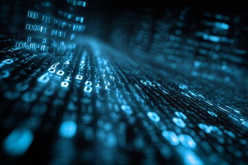 abstract digital code streaming in blue tones with glowing highlights, representing technology, prog