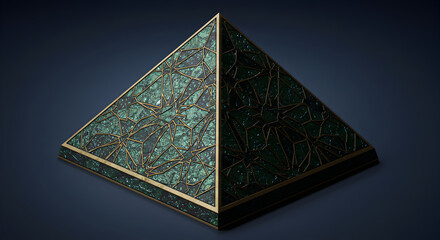 Emerald Pyramid With Golden Veins Mystical Structure Isolated On Dark Backdrop