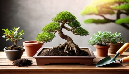 miniature bonsai tree on wooden platform with gardening tools and potting soil texture