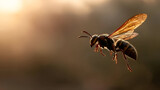 A wasp hovering in mid-air, captured from a side angle. The sunlight shines through its wings, creating a subtle glow. The soft background highlights the insect in motion.