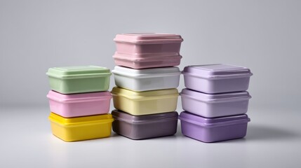 Fototapete - A stack of vintage-style molded polymer seats showcases various pastel shades against a neutral background, offering ample space for promotional text