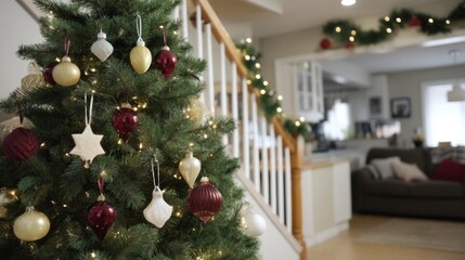 Poster - A beautifully decorated evergreen tree stands proudly in a warm, inviting living space, showcasing ornaments, lights, and garlands, creating a festive atmosphere