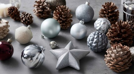Poster - Various seasonal ornaments are artfully arranged with pinecones, silver stars, and baubles, providing a lovely corner cluster ideal for overlays