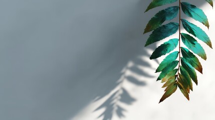 Leinwandbilder - Detailed macro shot of a jungle plant leaf showcasing vibrant teal and emerald hues, beautifully contrasting against a shadowy background with copy space