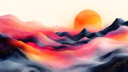 Wall Mural - Abstract Landscape with a Large Orange Sun