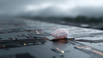 Leinwandbilder - Close-up view of a luminous brain structure seamlessly combined with electronic circuits, symbolizing advanced technology and innovation in a conceptual setting