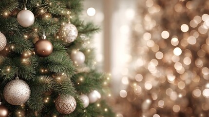 Poster - Glowing evergreen stands adorned with shimmering silver ornaments and twinkling lights, creating a festive atmosphere perfect for holiday designs and decorations