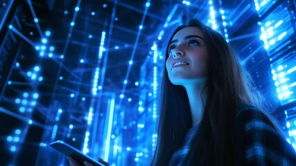 Wall Mural - smiling young woman with digital tablet navigates through an ultramodern server room. blue ambient l