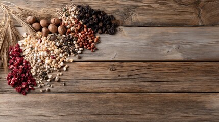 Poster - An overhead display showcases a variety of whole foods like nuts, seeds, grains, and dried fruits on a rustic wooden surface, creating a clean and healthy ambiance