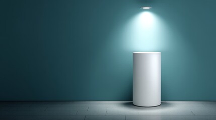 Fototapete - Clean white cylindrical pedestal stands against a deep teal background, illuminated from above by a soft spotlight, creating a minimalist display stage