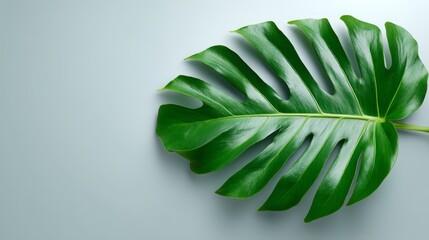Leinwandbilder - A vibrant monstera leaf displayed from above on a soft gray backdrop, highlighting its unique shapes and shadows while offering room for text or design