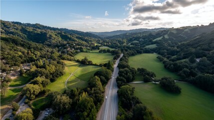 Aufkleber - A tranquil valley unfolds at dusk, with rolling hills bathed in golden sunlight, creating a serene landscape imbued with warm orange and purple hues