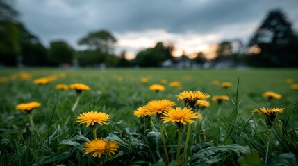 Poster - Field of vibrant wildflowers basks in the soft glow of twilight. The grassy foreground provides a peaceful setting, inviting moments of reflection and serenity