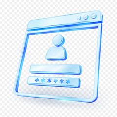 login page design with user icon and password field displayed in a sleek, blue glass 3d style. ideal