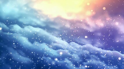 Wall Mural - a blue sky with white clouds and a few stars. the sky is filled with snowflakes, creating a serene a