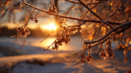 Wall Mural - Golden Hour Winter Sunset Icy Branches and Snow Covered Landscape