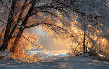 Wall Mural - Golden Sunrise Winter Forest Snow Covered Branches and Icy Landscape