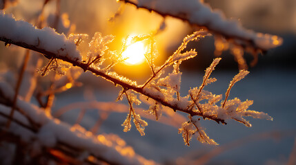 Wall Mural - Snow Covered Branch at Sunset Winter Frost Close Up
