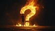 © sadad - Man facing fiery question mark, night, uncertainty, concept art