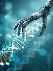 Fototapete - Robotic Hand Engages With a Digital DNA Strand in a Futuristic Setting Showcasing Biotechnology and Innovation