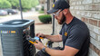 © Maksym - Technician's toolkit open beside HVAC unit, wrenches and digital airflow meter visible as he completes filter change