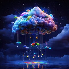 Poster - Abstract Digital Illustration Of A Cloud With Rain And Starry Sky Background
