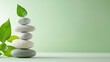 © Natchooda - Balanced zen stone stack with leafy greens on a light green backdrop, soothing tones