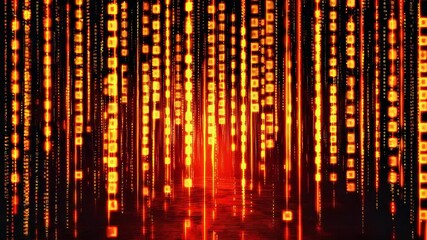 Glowing vertical digital data streams with vibrant orange lights, matrix style abstract network and dynamic motion effect

