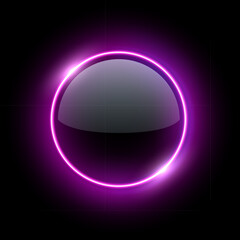 Purple neon light round frame with glowing glass surface. Futuristic illuminated button. Abstract vector illustration for UI design, sci-fi elements, modern tech interfaces.