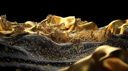 Poster - Glowing golden landscape with tech-inspired design on black canvas