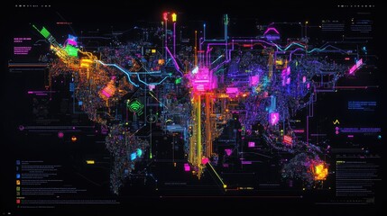 Poster - High-tech themed pixel map highlighting urban centers and data lines