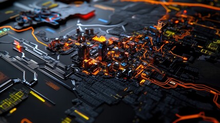 Poster - High-tech themed pixel map highlighting urban centers and data lines