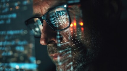 nighttime developer deep in coding with data stream overlay