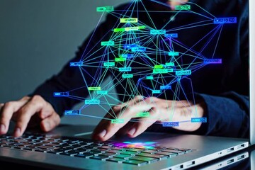 A man is shown working on his laptop's keyboard in a time-lapse sequence, with a holographic GUI displaying big data science technology, digital network connections, and computer programming