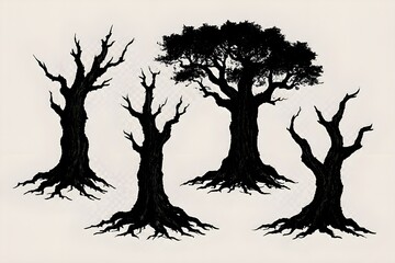  Ancient Forest Tree Silhouettes Set – Gnarled Trunks, Sprawling Roots, Transparent Background


